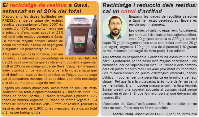 Not&iacute;cia publicada a L'ERAMPRUNY&Agrave; (N&uacute;mero 54 - Febrer de 2008) sobre la situaci&oacute; del reciclatge a Gav&agrave;